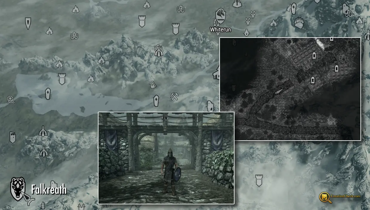 Screenshot showing a guard near the entrance to Falkreath who directs the player toward Lod.