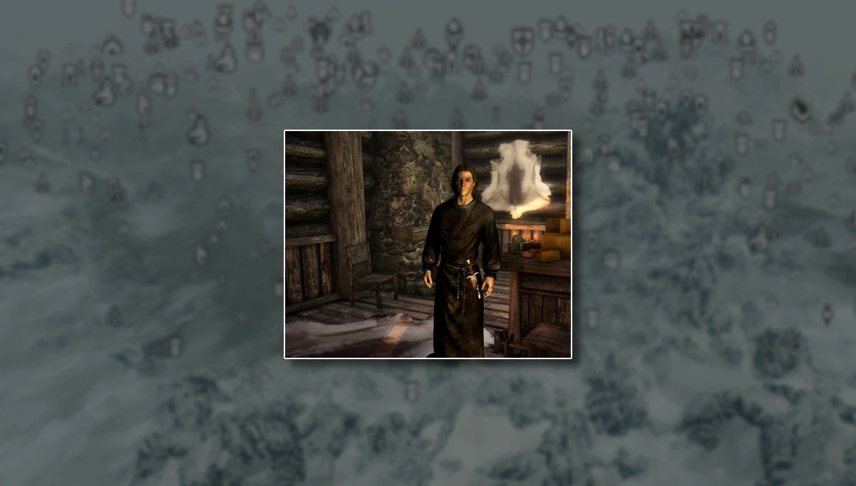 Screenshot showing Sam Guevenne seated inside a Skyrim tavern.