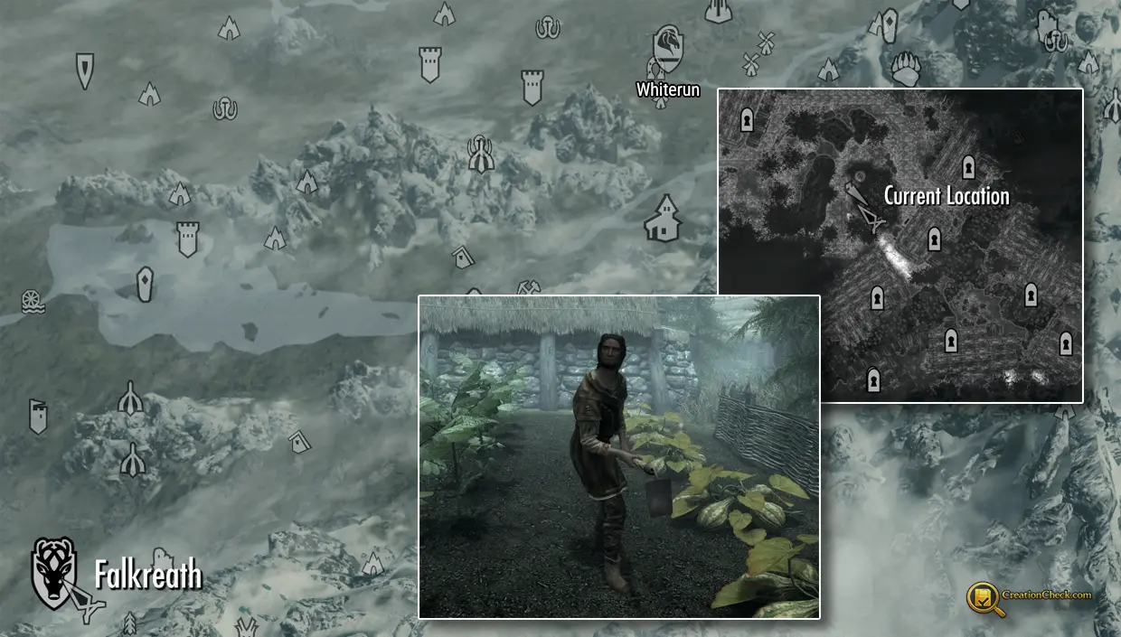 Screenshot showing Mathies at Corpselight Farm near Falkreath.