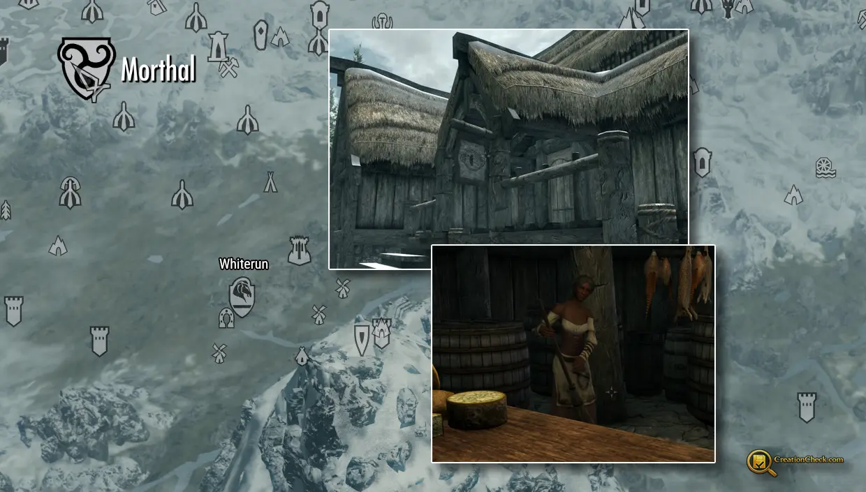 Screenshot showing Jonna inside the Moorside Inn with Morthal world-map context.