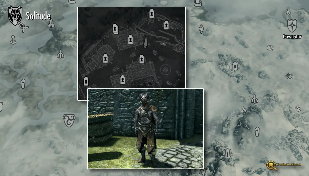 Screenshot showing Jaree-Ra in Solitude with Solitude world and local map insets.