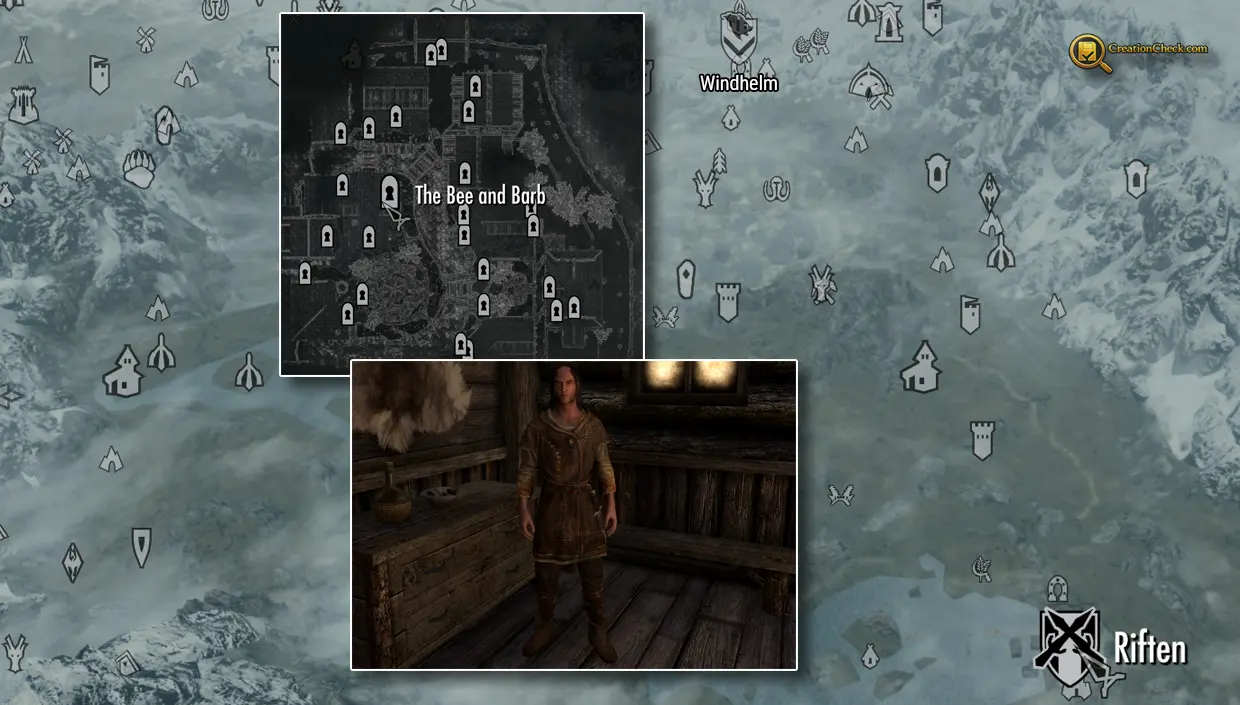Screenshot showing Louis Letrush inside the Bee and Barb with a Riften map inset.