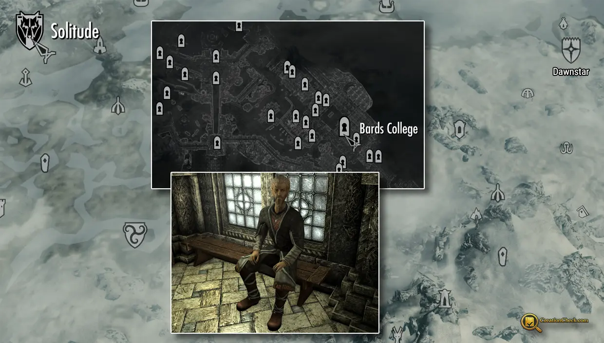 Screenshot showing Viarmo inside the Bards College with a Solitude map inset.