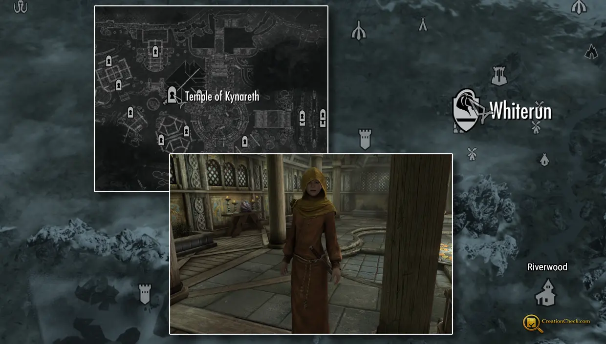 Screenshot showing Danica Pure-Spring inside the Temple of Kynareth in Whiterun.