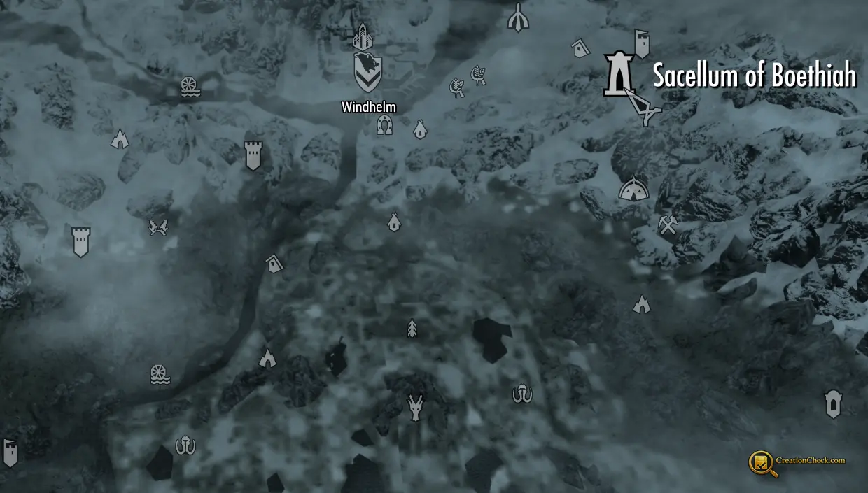 Screenshot showing the Sacellum of Boethiah map marker in the mountains east of Windhelm.