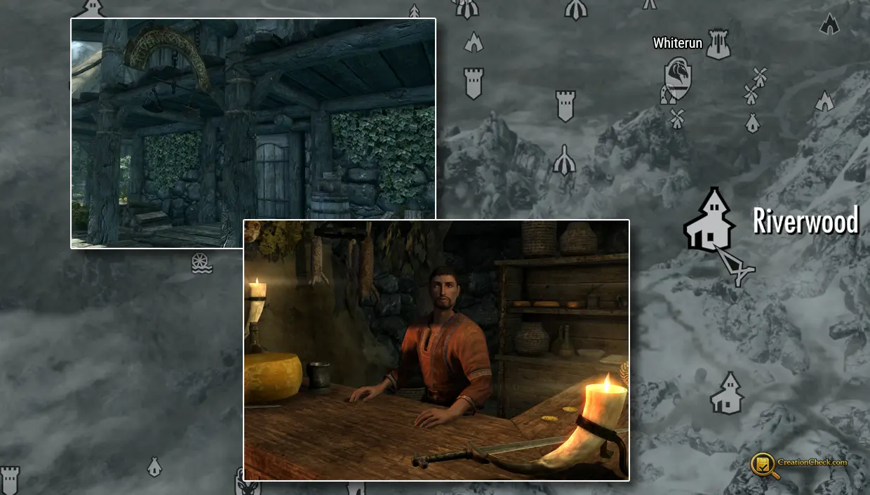 Screenshot showing Lucan Valerius inside the Riverwood Trader in Riverwood.