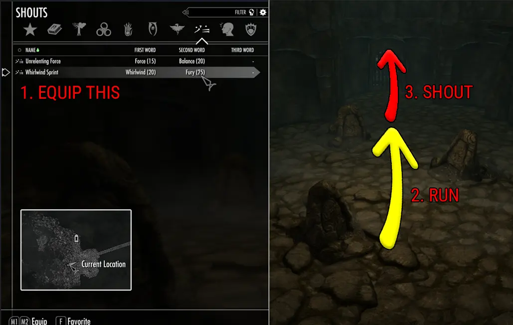 Whirlwind Sprint selected in the Shouts menu, with the route through Ustengrav's three activating stones and the final shout through the closing gates shown.