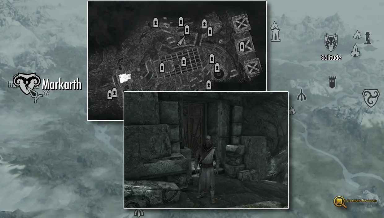 Screenshot showing Vigilant Tyranus outside the Abandoned House in Markarth.