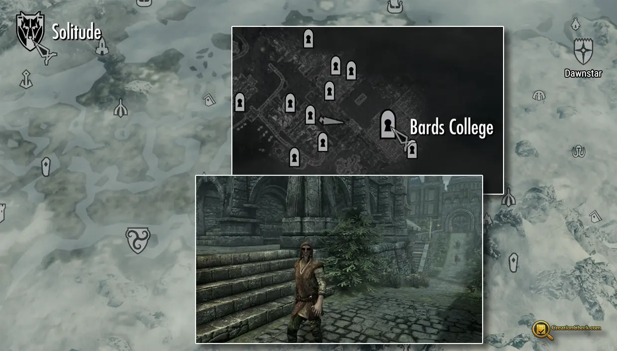 Screenshot showing Dervenin near the Bards College in Solitude.