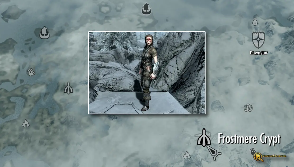 Screenshot showing Eisa Blackthorn outside Frostmere Crypt.
