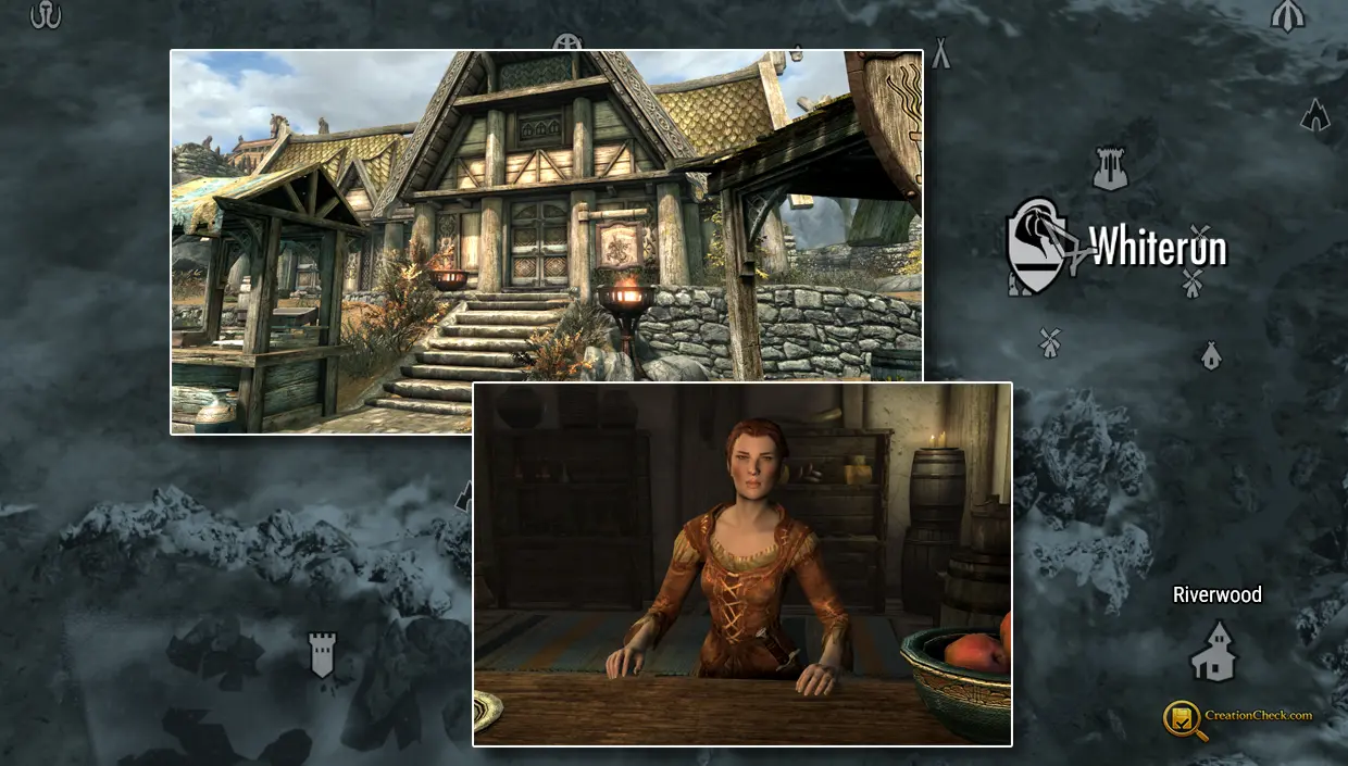Screenshot showing Hulda inside The Bannered Mare with Whiterun map and inn exterior insets.