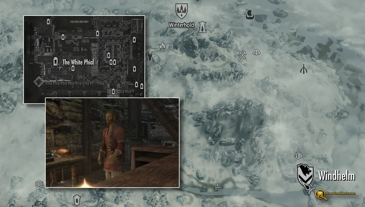 Screenshot showing Nurelion inside The White Phial with a Windhelm map inset.